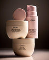 ouai bond repair balm, fine to medium hair treatment masque and thick hair treatment masque on a dark brown background
