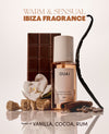 OUAI Ibiza Fragrance Mist surrounded by vanilla, cocoa, rum, and cinnamon ingredients.