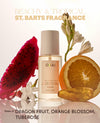 A bottle of OJAI fragrance centered on a clean white background, surrounded by a sliced dragon fruit, orange blossom stem, and orange slice. Text at the top reads 'BEACHY & CITRISY ST.