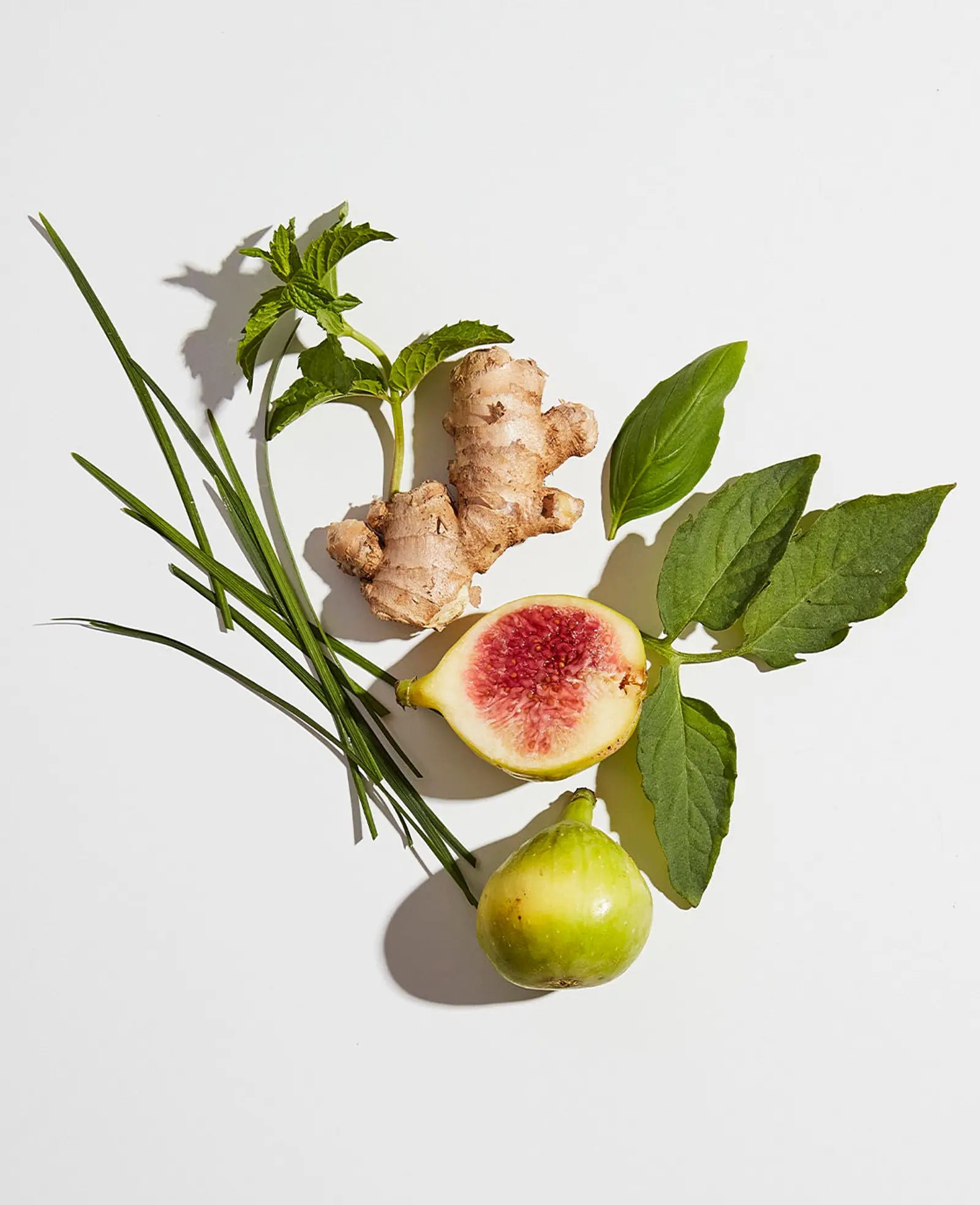 Ginger root with figs and green leaves on a light background