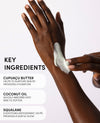 Hand applying cream with key ingredients listed on a white background