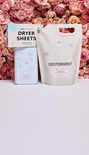 Two packages of cleaning products against a pink rose background