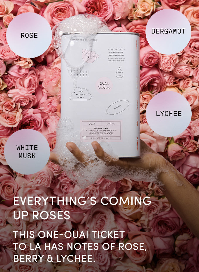 One-Ouai product box held over a background of pink roses with scent notes labels.