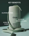 OUAI deodorant with key benefits highlighted on a green background