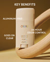 OUAI deodorant stick with key benefits text on a brown background