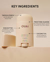 OUAI deodorant stick with key ingredients text on a brown background