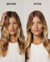 Before and after: woman's hair transformed from tousled to smooth, voluminous blonde waves.