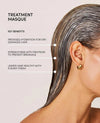 Woman with moisturized hair, showing key benefits of a treatment masque on a light background.