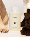 OUAI Fur Bébé Pet Shampoo 16oz bottle flanked by two dogs.