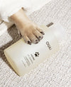OUAI Fur Bébé Pet Shampoo bottle held by a dog's paw on carpet.
