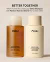 Two OUAI hair care bottles on a warm beige background: a translucent amber bottle labeled Detox Shampoo and a matte cream bottle labeled Medium Hair Conditioner, with the headline 'BETTER TOGETHER' above them.