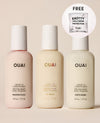 Three OUAI leave-in conditioner bottles in soft pastel shades of pink, cream, and off-white, arranged on a warm beige background. A circular callout in the top right advertises a free knotty gold wear protection packet.