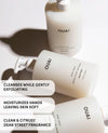 hand wash bottles on a white background with benefits listed saying cleanses while gently exfoliating, moisturizes hands, and clean & citrusy dean street fragrance.