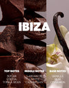 A square fragrance note graphic labeled IBIZA, with three vertical panels showing rich dark brown chocolate-like textures, a vanilla bean, and a white orchid flower. Text at the bottom reads Top Notes: Sugar, Cocoa, Tonka Bean; Middle Notes: Labdanum, Coffee, Cashmeran; Base Notes: Vanilla, Rum, Cinnamon.