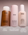 Three OUAI hair care products on a gradient background