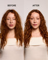 Before and after comparison of a person with styled hair against a plain background