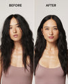 A side-by-side before and after comparison of a woman with long dark wavy hair, showing the effect of a hair product. The left side is labeled 'BEFORE' and shows frizzy, less defined hair; the right side is labeled 'AFTER' and shows smoother, shinier, more styled hair.