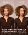 Before-and-after hair care comparison showing a woman with voluminous curly brown hair, with text reading 'HELPS PREVENT BREAKAGE 54% LESS BREAKAGE AND HAIR THAT'S DRAMATICALLY EASIER TO DETANGLE.'.