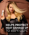 A blonde woman in a black puffer jacket holds a bottle of Oribe Heat Protect styling spray against a brown background, with bold text reading 'HELPS PROTECT HEAT DAMAGE UP TO 450°F/232°C'.