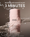 A bottle of OUAI hair repair balm is shown in a dramatic studio shot with water splashing around it. Large white text at the top reads 'REVERSES HAIR DAMAGE IN JUST 3 MINUTES'.