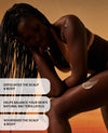 A woman in a warm-toned studio setting with text overlays describing scalp and body exfoliation benefits. She is posed with her head resting on her hand, wearing a beige top and dark bottoms, with a visible cream product on her upper arm and thigh.