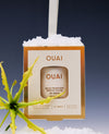 OUAI solid fragrance perfume solide in a square beige box with a gold border, shown with a white ribbon loop and decorative green leaves on a dark blue gradient background.