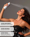 A woman with long hair holding a white spray bottle against her forehead. Three translucent text boxes on the left read: 'SUPER ABSORBENT ABSORBS OIL, DIRT & SWEAT', 'SUPER INVISIBLE BLENDS SEAMLESSLY', and 'SUPER FRESH VELVETY-RICH & ROSY MELROSE PLACE SCENT'.