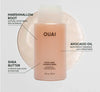 OUAI Thick Hair Shampoo bottle with marshmallow root, avocado oil, shea butter callouts.