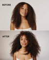 Before and after comparison of a woman with curly dark brown hair, showing the effect of a hair product. The top image is labeled 'BEFORE' and shows the hair as slightly frizzy; the bottom image is labeled 'AFTER' and shows the hair as smoother and more defined.