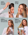 A four-panel instructional collage showing a woman demonstrating the use of a hair serum. Text overlays read: Step 1 Drop Scalp Serum using the pipette, Step 2 Massage into scalp, Step 3 Spray Thickening Spray on wet hair from roots to ends, and Step 4 Air dry or style with heat to turn thickness all the OUAl up.