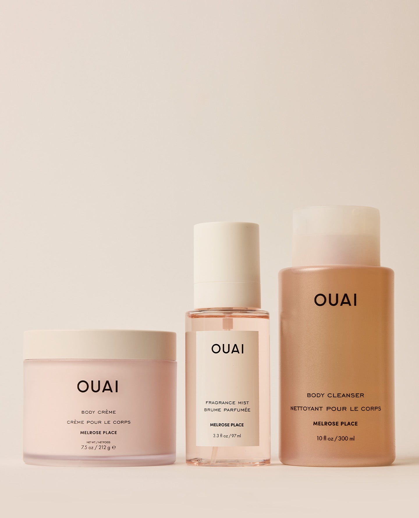 OUAI Melrose Place body crème, fragrance mist and body cleanser set