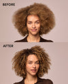 Before-and-after comparison of a woman with voluminous curly hair, showing the hair texture and volume improved after treatment, on a solid light beige background.