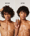 Split-screen before-and-after beauty image showing a shirtless man with curly dark hair. On the left, labeled BEFORE, he makes a winking face.