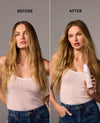 A side-by-side before/after comparison featuring a woman with long blonde hair wearing a light pink ribbed tank top and blue jeans against a plain gray studio background. The left panel is labeled BEFORE, and the right panel is labeled AFTER, with the woman in the after view holding a pale pink bottle.
