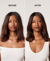 Before and after comparison of a woman's hair, showing a shoulder-length straight cut on the left and a shoulder-length wavy cut on the right, with the words BEFORE and AFTER at the top.