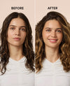 Before-and-after split comparison of a woman's hair, showing wet, frizzy dark brown hair on the left labeled 'BEFORE' and wavy, smoother brown hair on the right labeled 'AFTER' against a pale peach background.