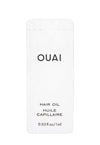 A small, white packette labeled 'OUAI HAIR OIL' in black text, with the measurement '0.03 fl oz / 1 ml' indicated below the product name.