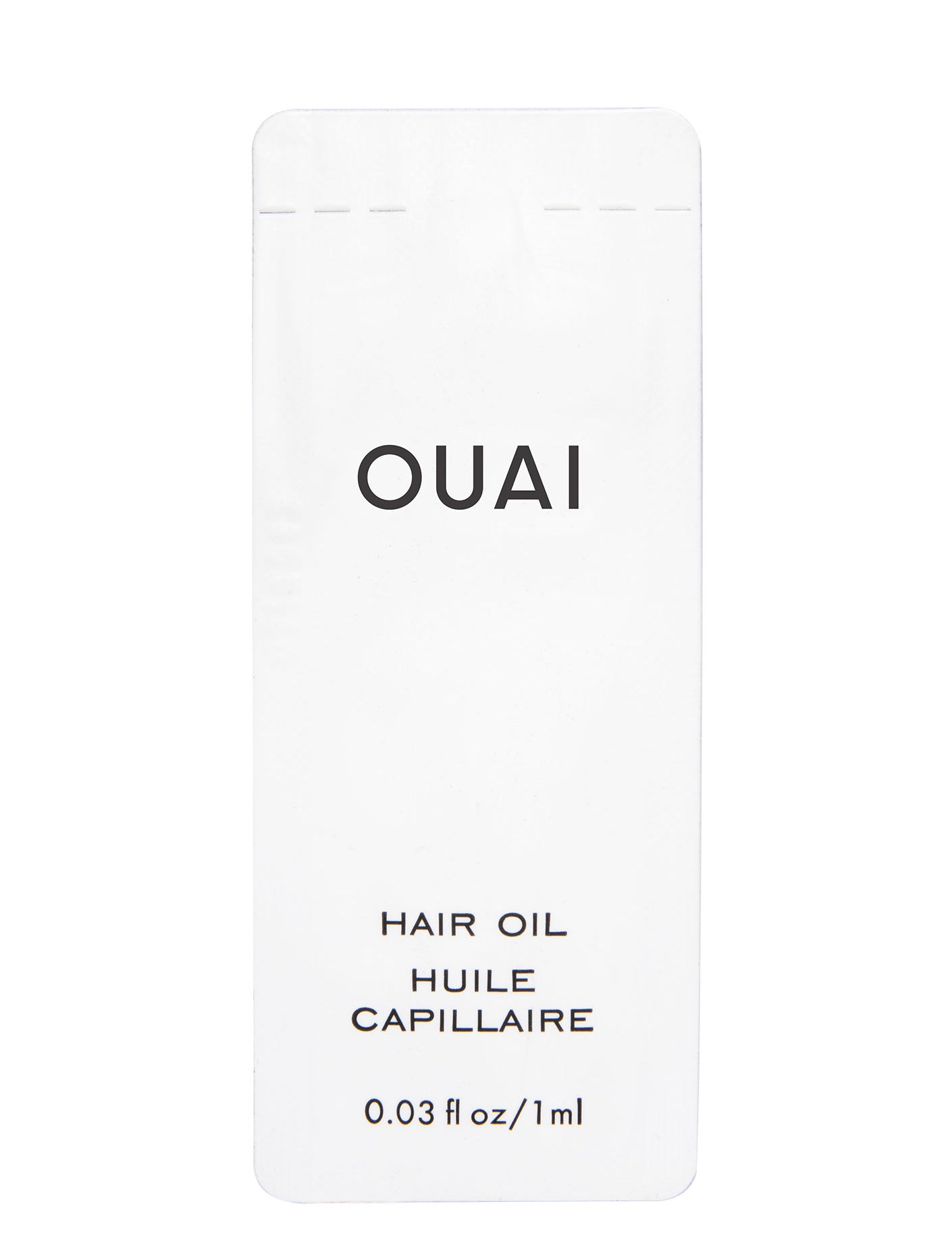 A small, white packette labeled 'OUAI HAIR OIL' in black text, with the measurement '0.03 fl oz / 1 ml' indicated below the product name.